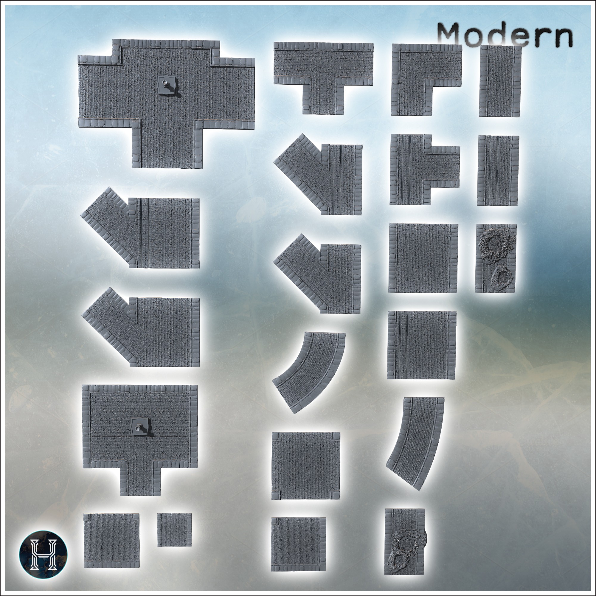 Set of modular urban paved roads with plaza (wide + narrow versions) (1) - Modern WW2 WW1 World War Diaroma Wargaming RPG Mini Hobby